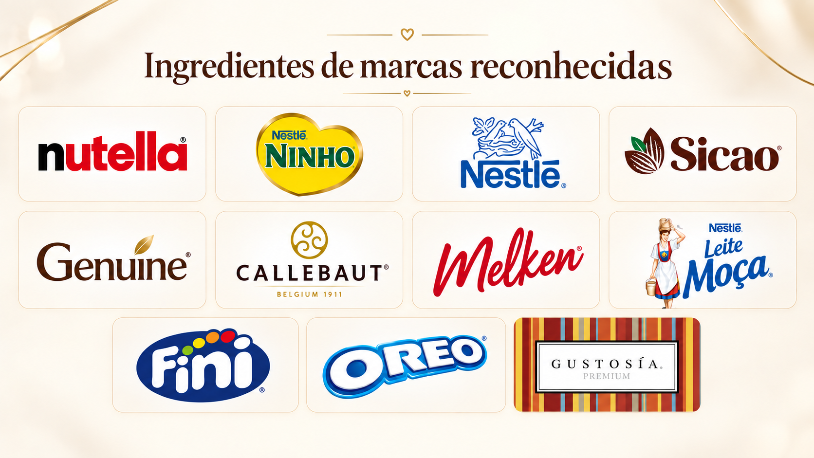 Ingredientes de marcas reconhecidas: Nutella, Ninho, Nestlé, Sicao, Genuine, Callebaut, Melken, Leite Moça, Fini, Oreo e Gustosía Premium