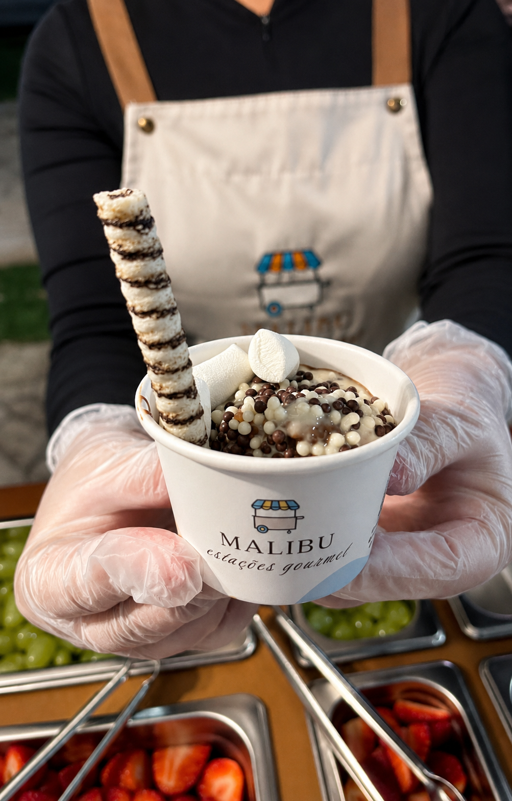 Copo de sorvete da Malibu Estações Gourmet com coberturas, granulado e marshmallow